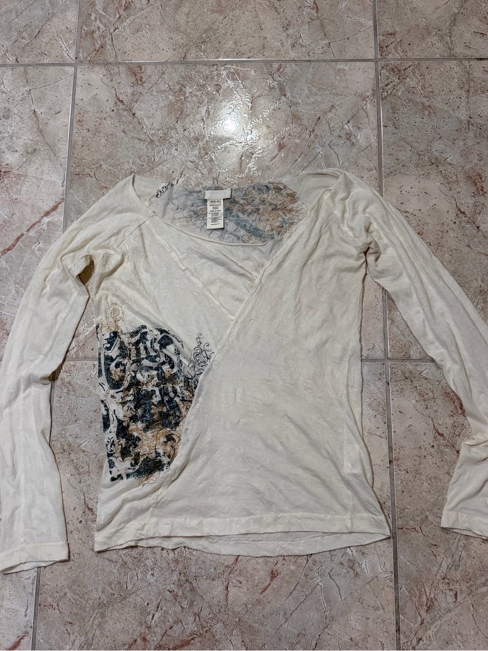 Vintage Y2K Diesel Cream Abstract Graphic Long Sleeve Top M